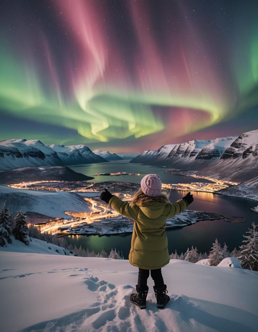 Girl Watches Northern Lights in Norway, Hyper-realistic Phot...
