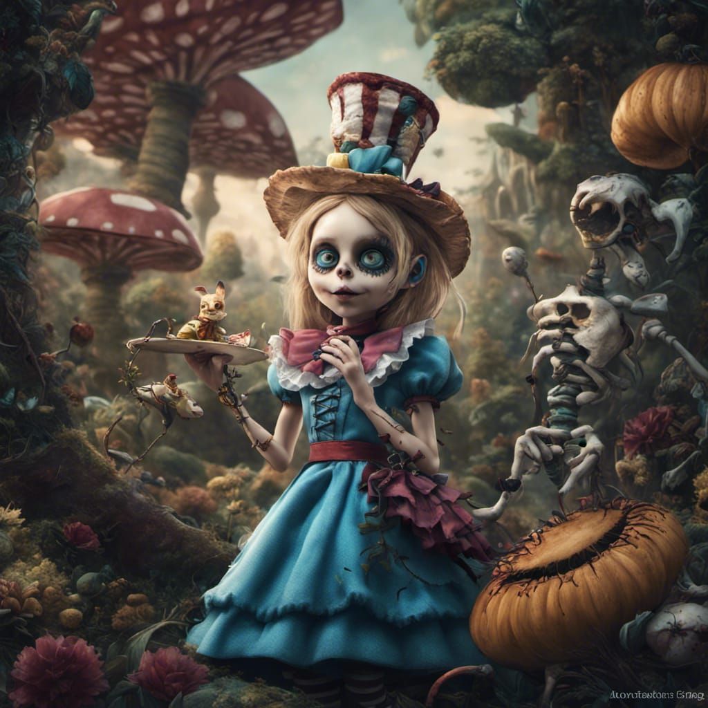 Skeletal Alice and Caterpillar: Dark Wonderland Art
