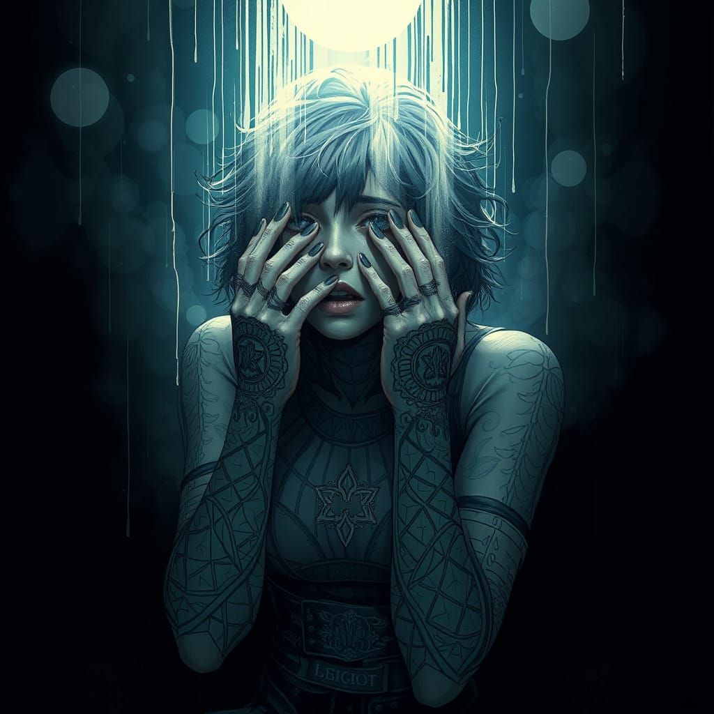 Crying Tattooed Woman in Dark Surrealist Style