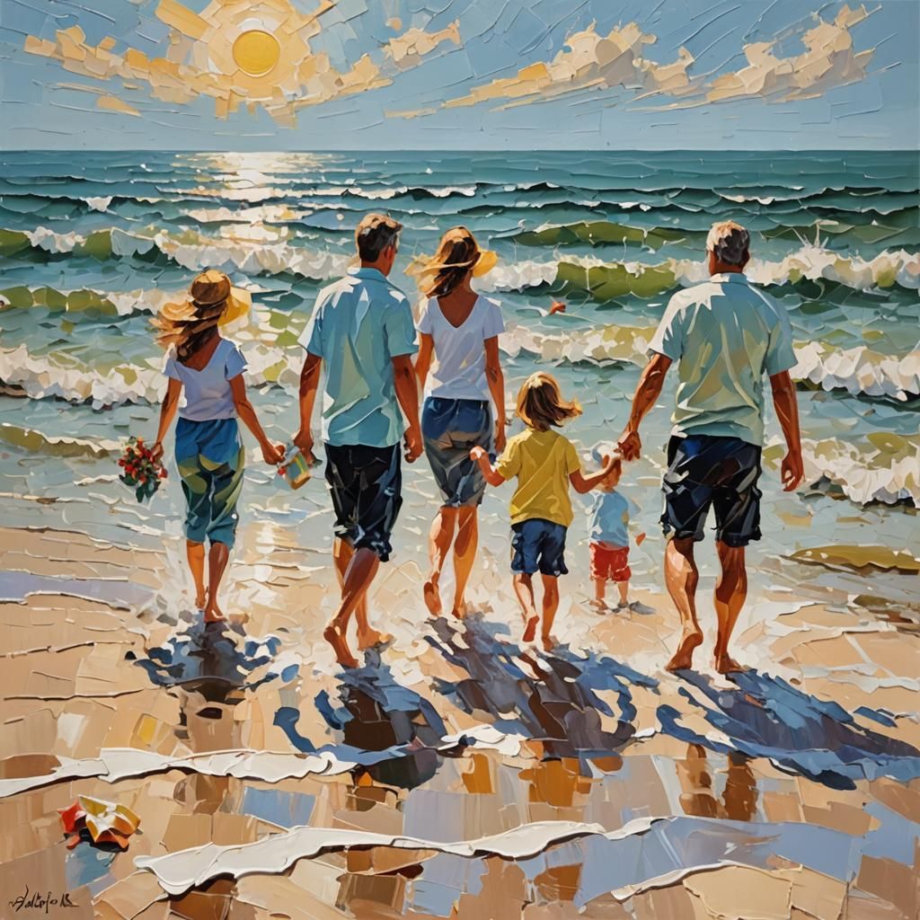 Family Beach Day: An Impasto Painting