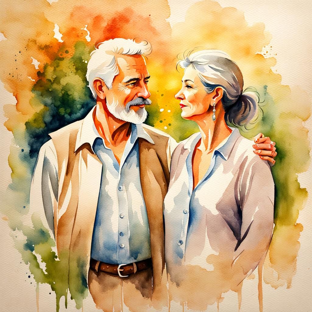Watercolor Painting of a Loving Middle-Aged Couple