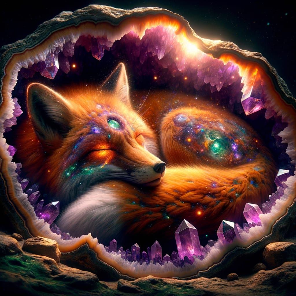 Celestial Fox Asleep in Crystalline Geode