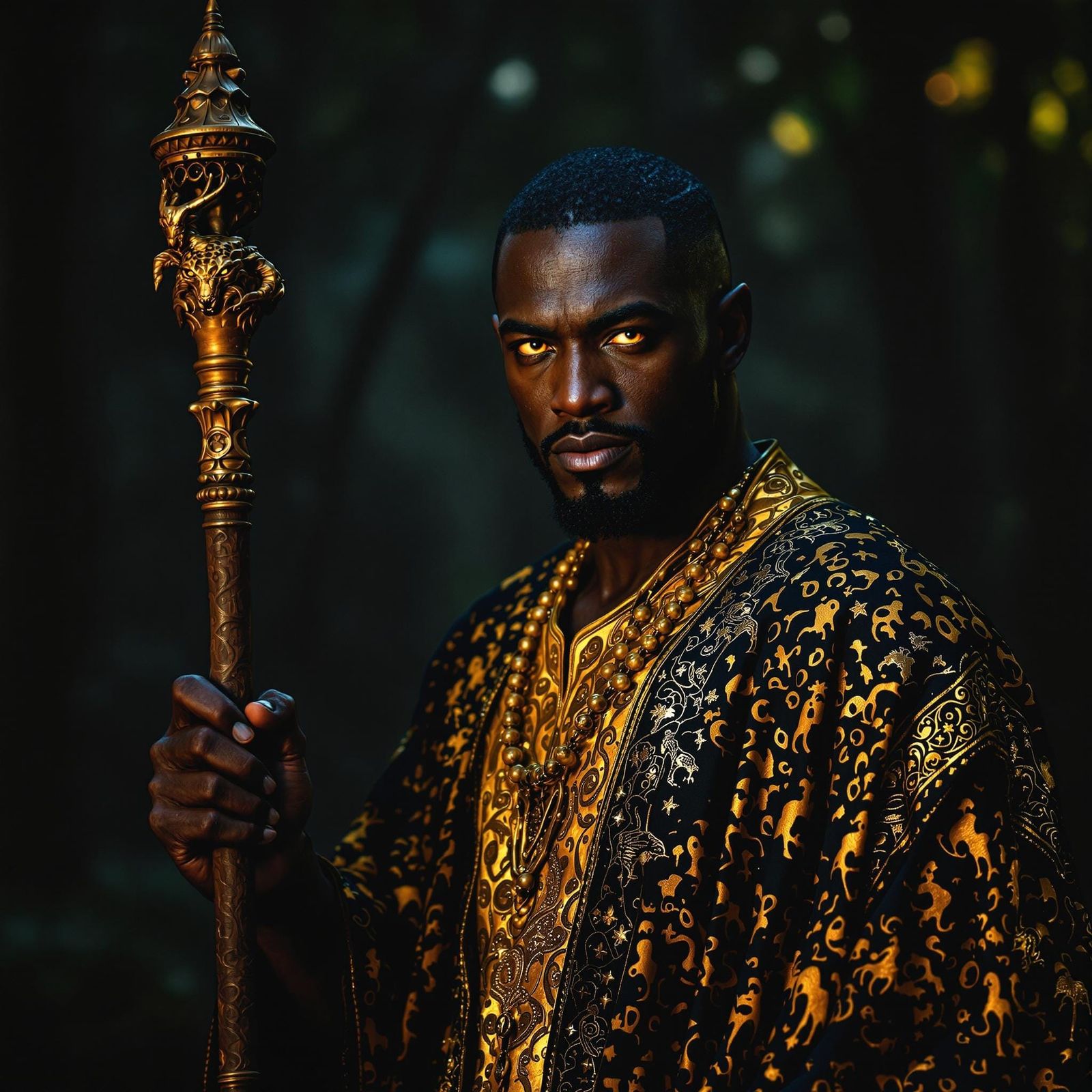 Hyperrealistic Leopard-Man Stands in Shadowy Forest Clearing