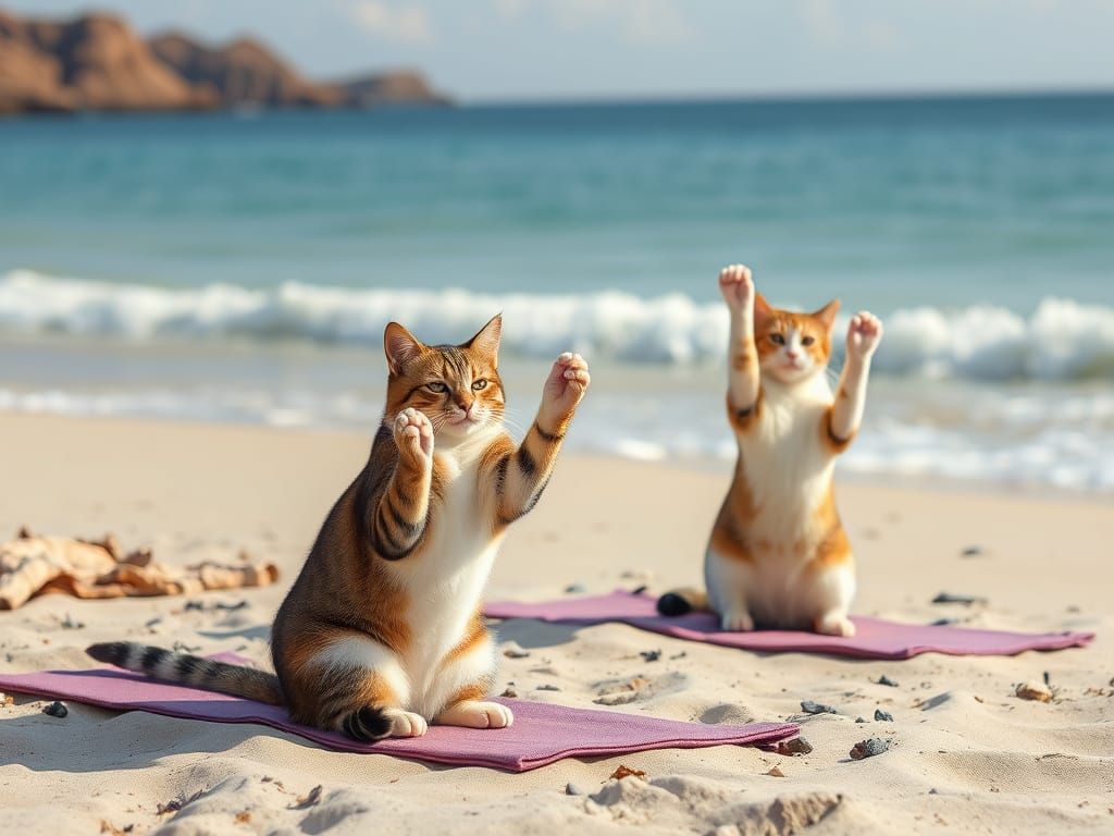 Cats Practicing Yoga on the Beach