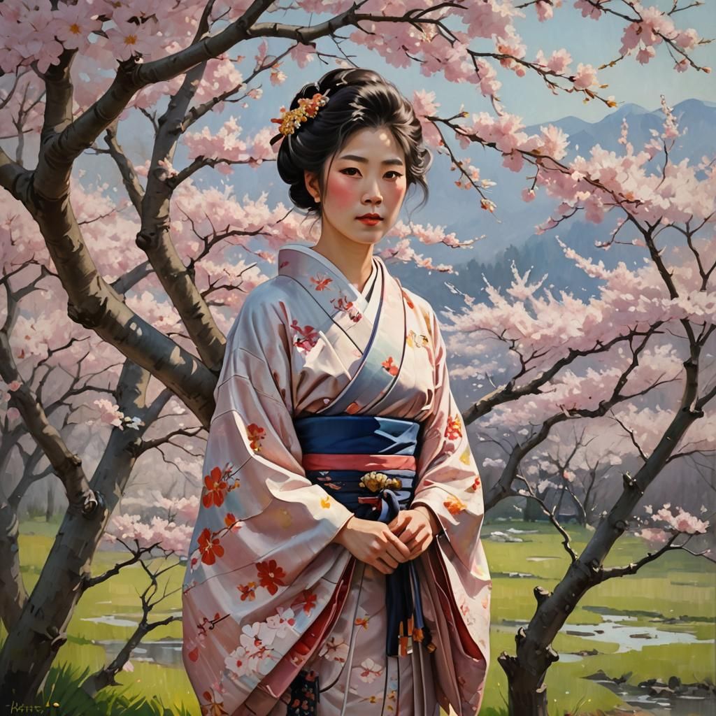 Woman in Kimono Among Cherry Blossoms: Oil Painting