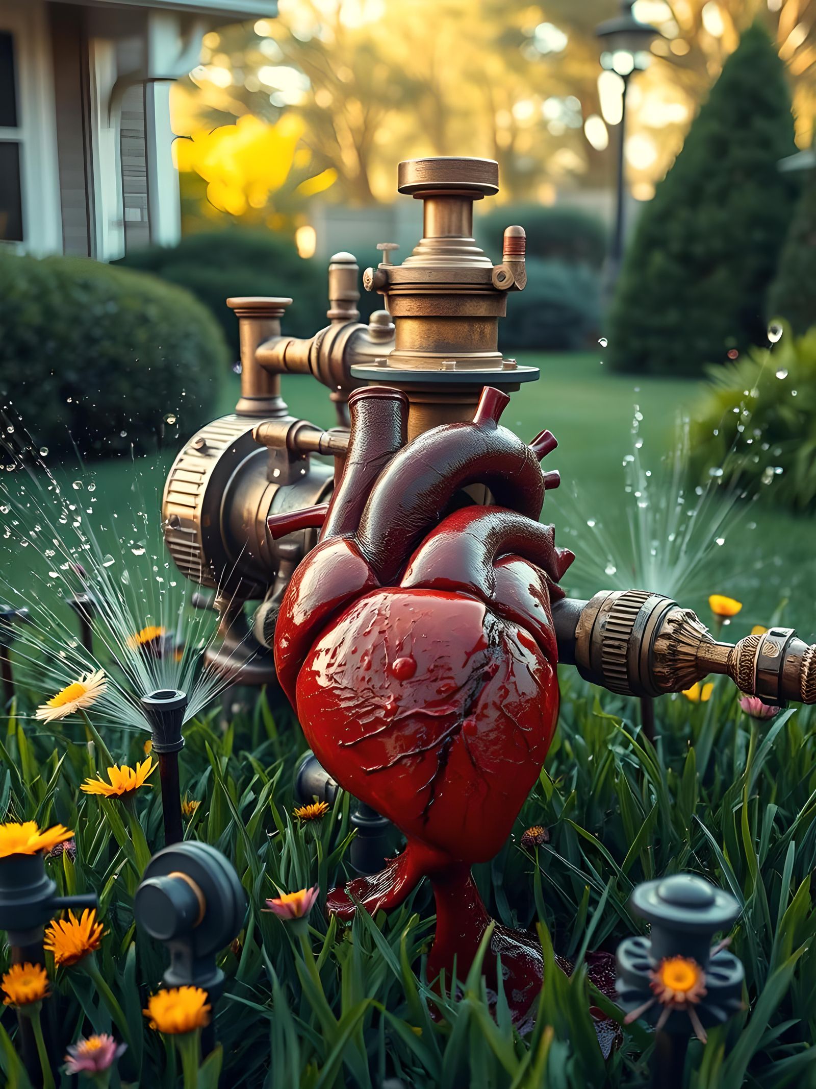 Steampunk Heart Sprinkler System in Front Yard