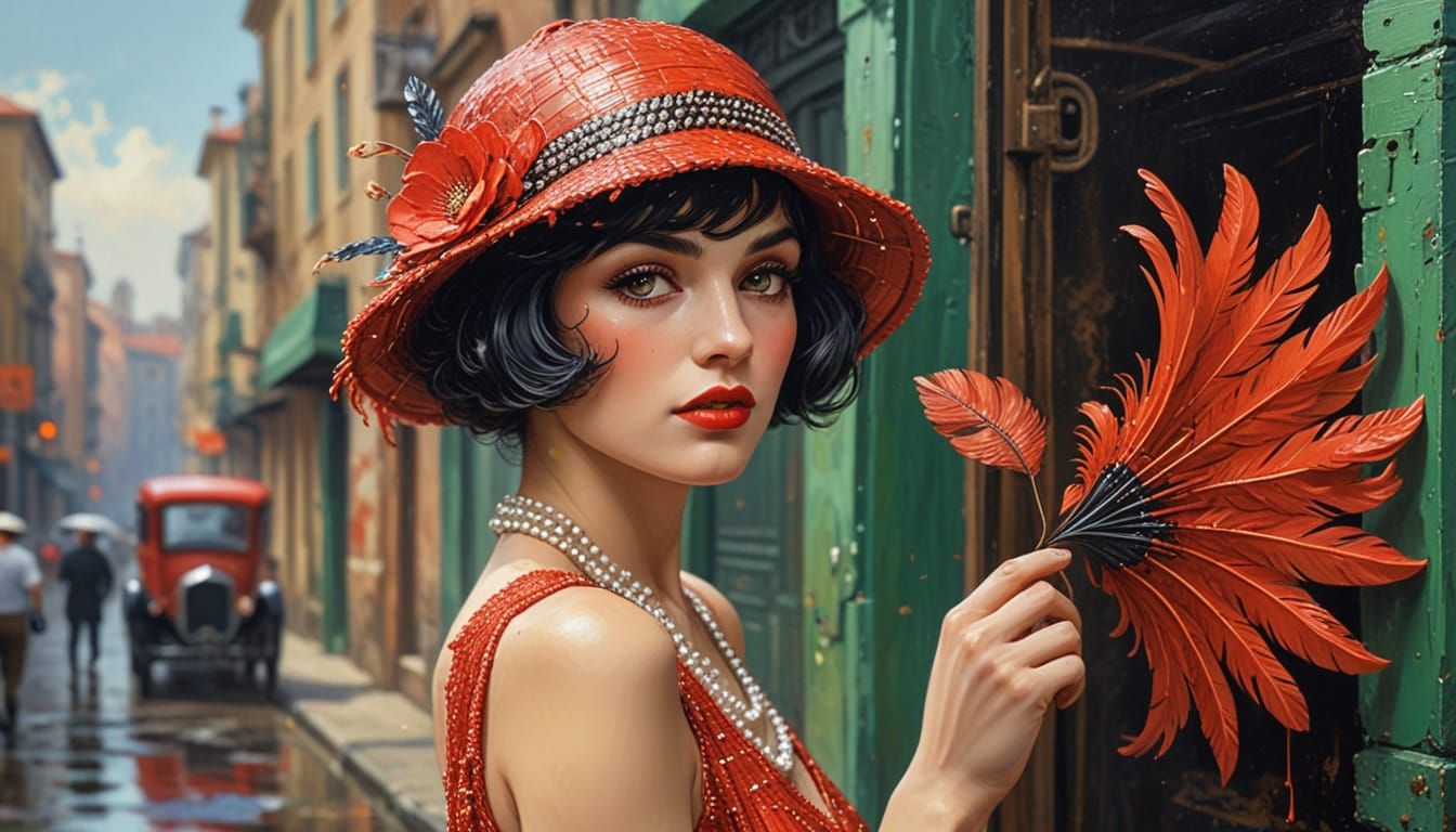 Vintage 1930s Red Coupe with Flapper Woman