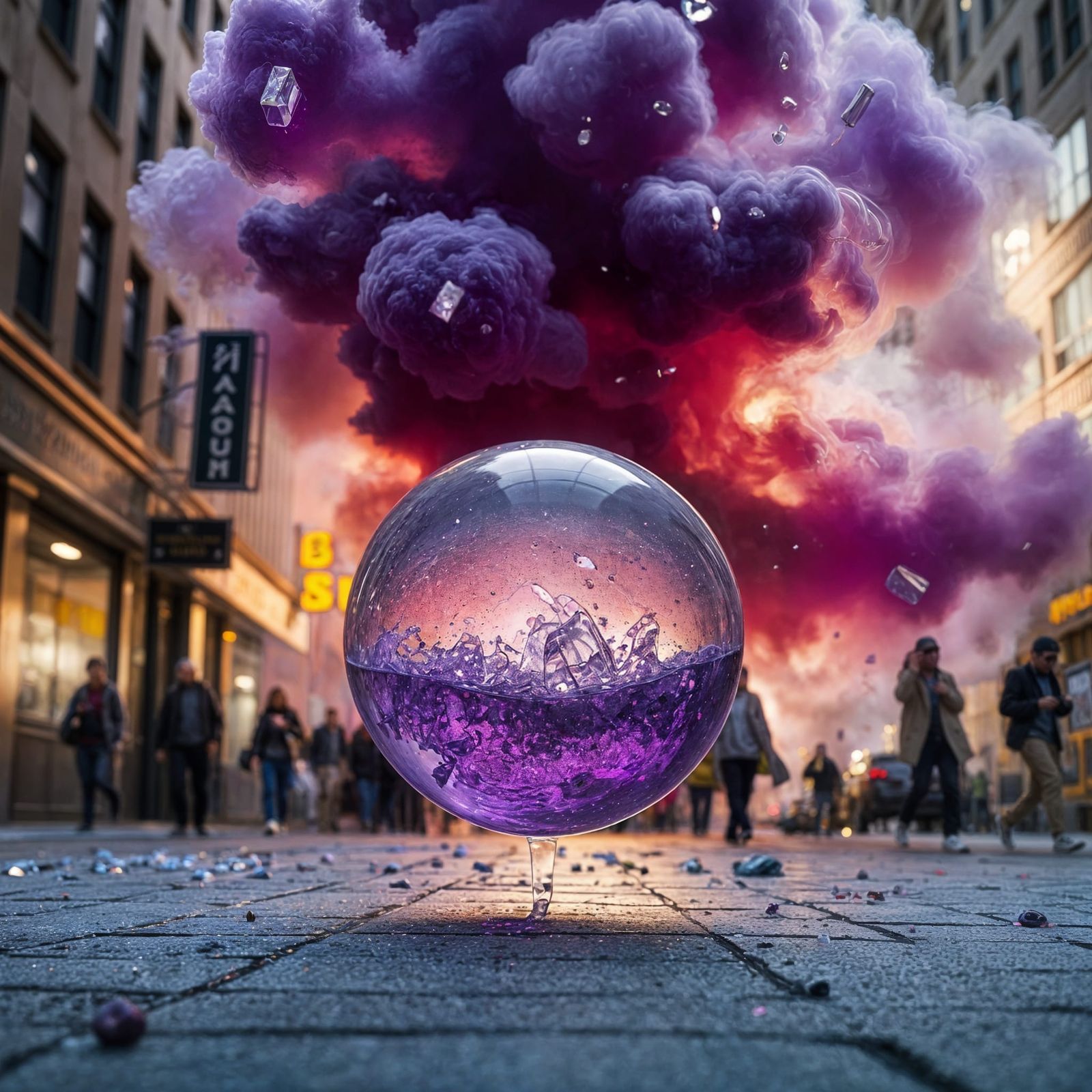 Explosion on Busy Sidewalk with Glass Sphere