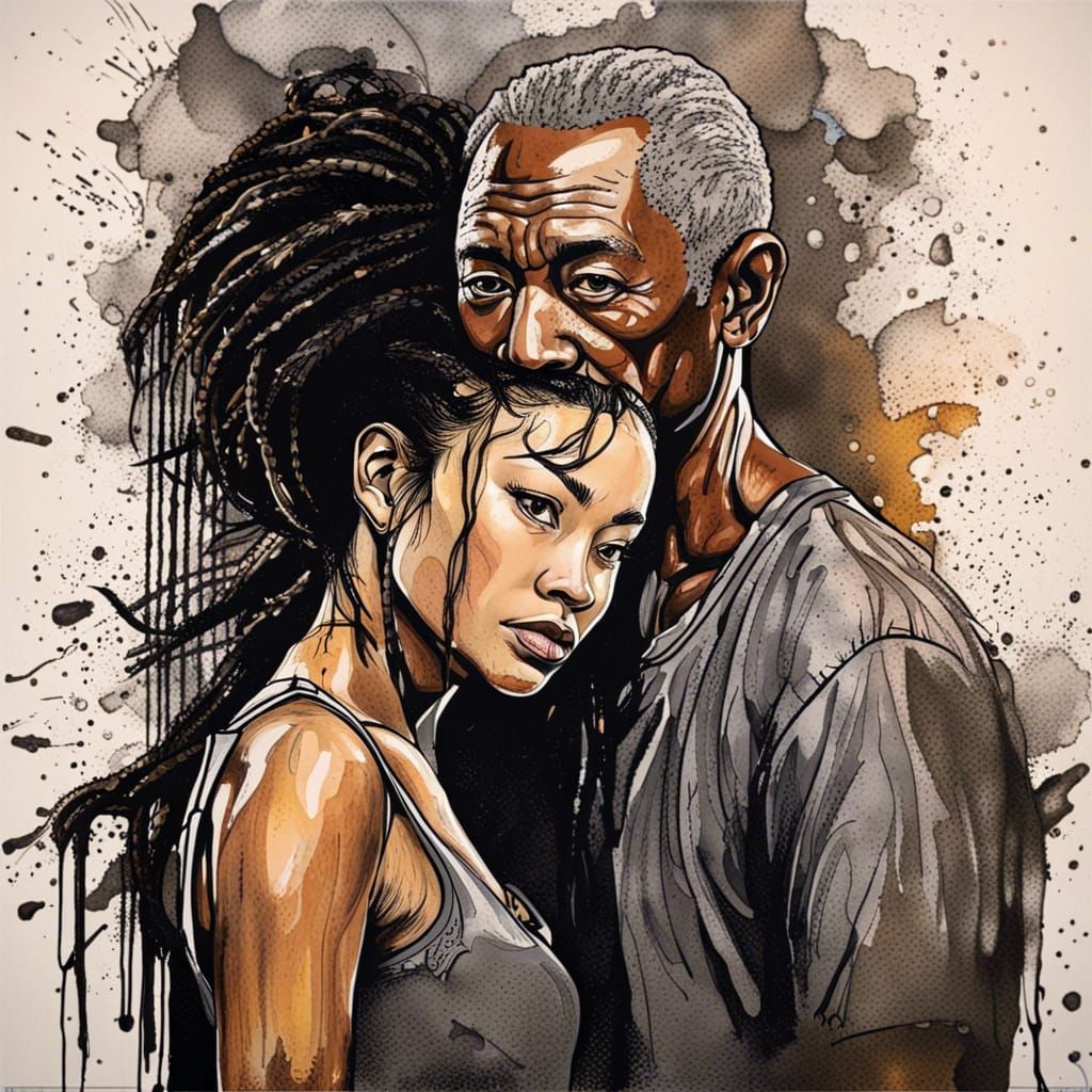 SPLASH ART PAINTING: PORTRAIT OF A HANDSOME OLDER  ASIAN AFRICAN MAN AND BEAUTIFUL YOUNG ASIAN WOMAN: WITH SHORT DREADLO...