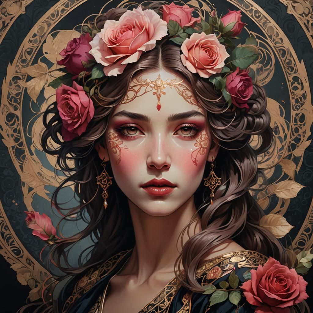 Rose Adorned Woman Portrait in Art Nouveau Style