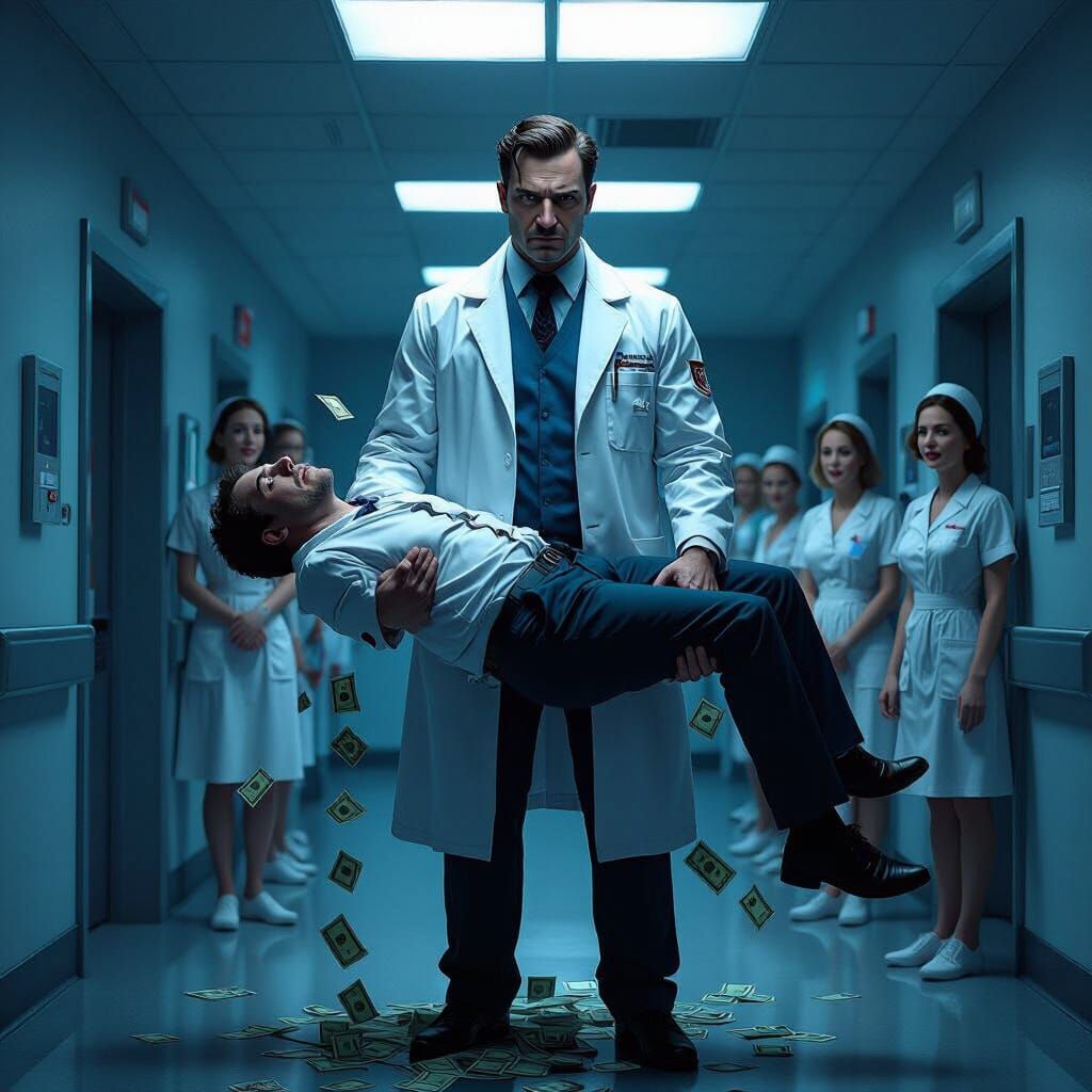 Fantasy Doctor Holding Patient in Shadowed Hospital Corridor