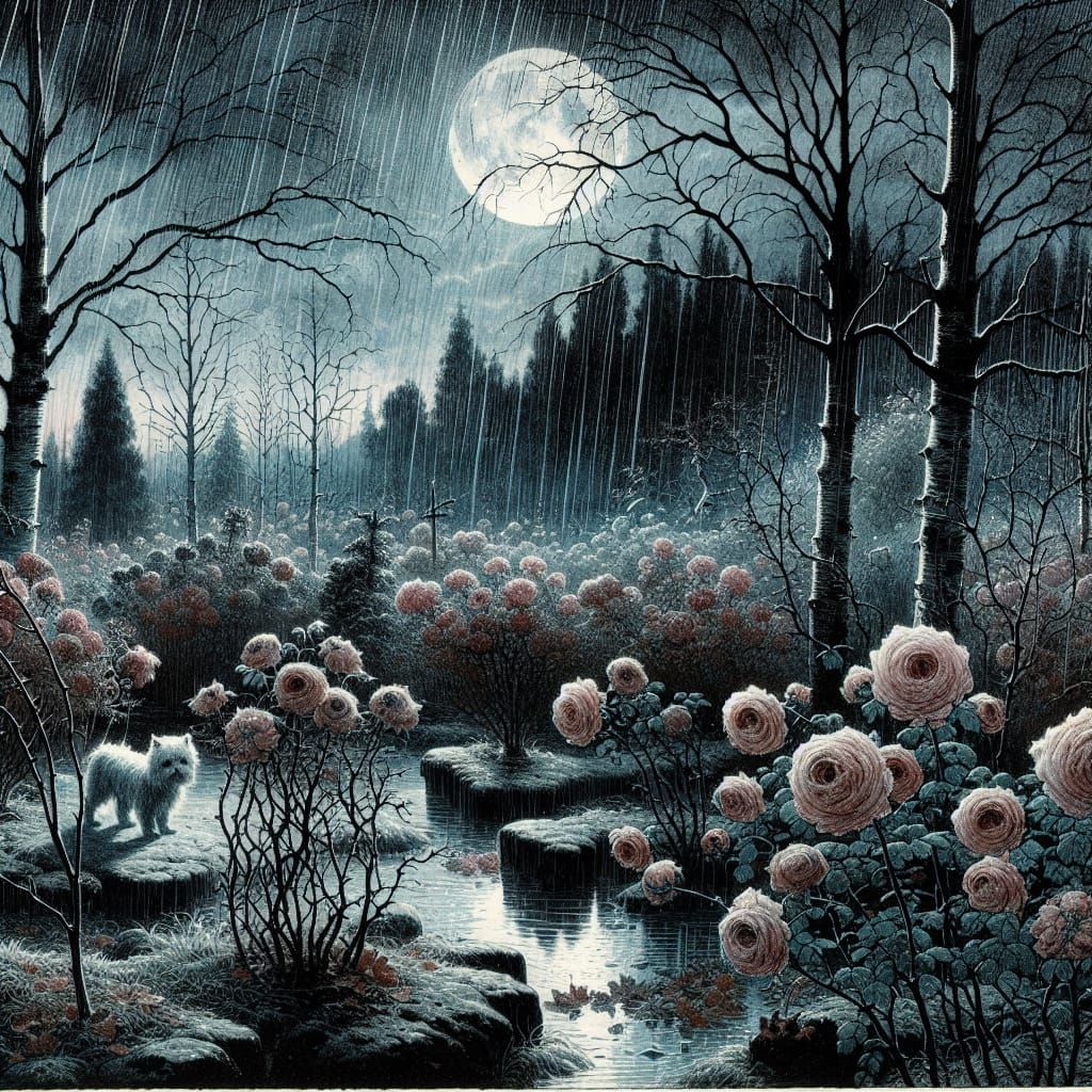 Nordic Autumn Night with Ghost in Ink Painting