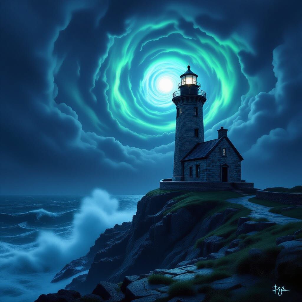 Ancient Lighthouse on Stormy Cliff with Aurora