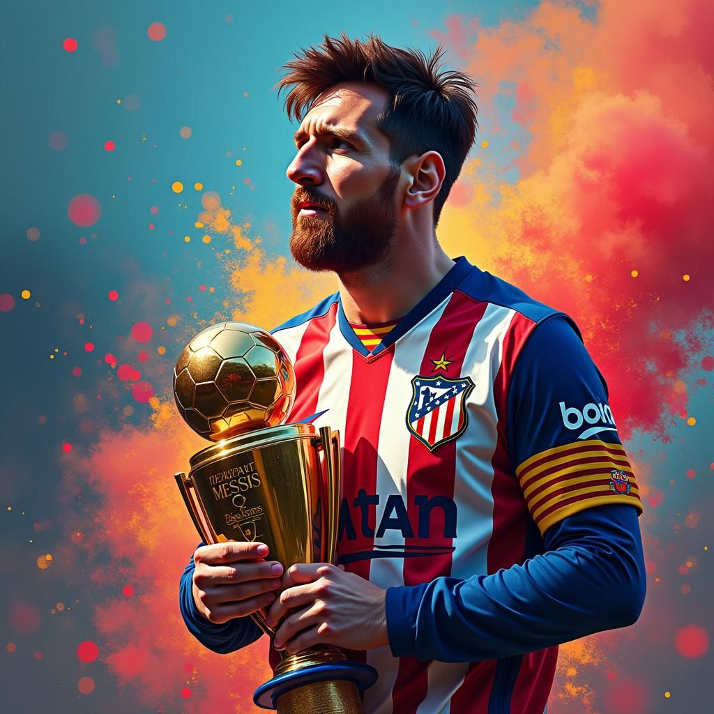 Messi with Super Ballon d'Or in Atletico Jersey