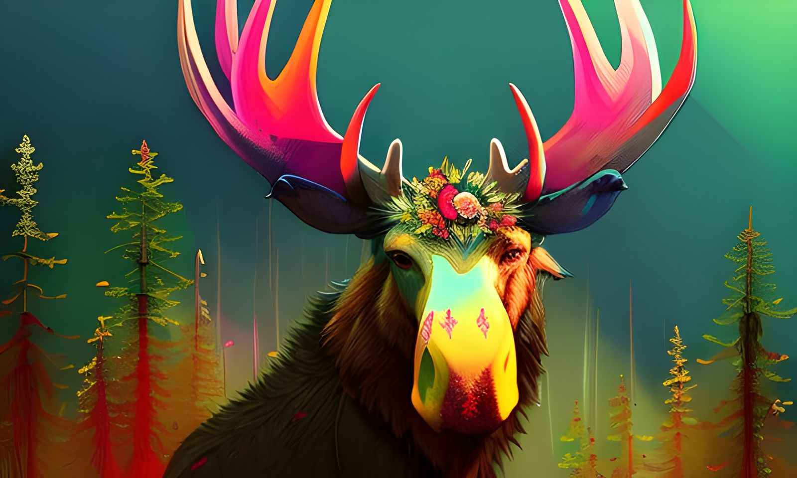 Majestic Moose Portrait with Floral Antlers