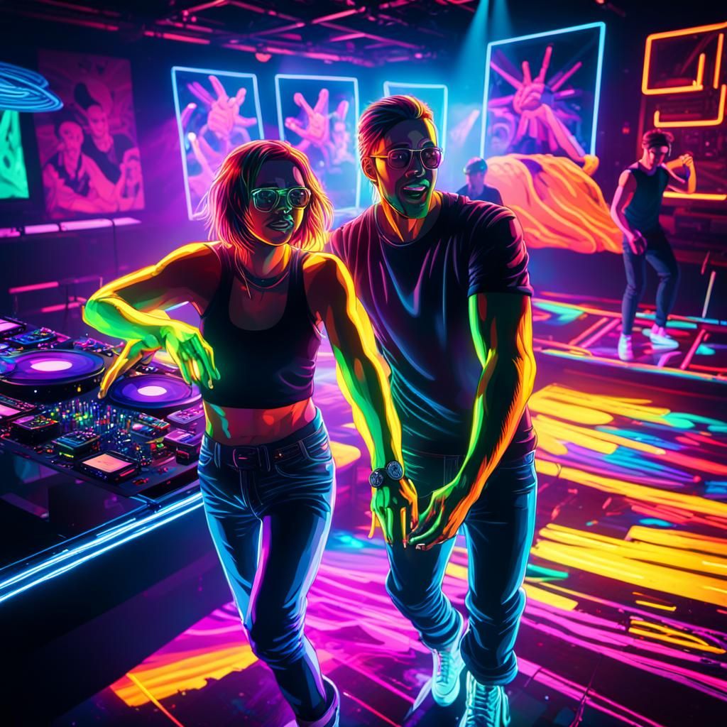 Vibrant Neon Dance Party in Cyberpunk Style