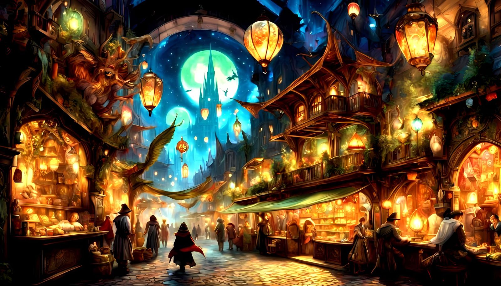 Whimsical High Fantasy Market Unfolds Under Starry Night