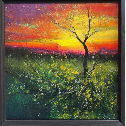 Vibrant Sunset Tree in Abstract Oil Painting