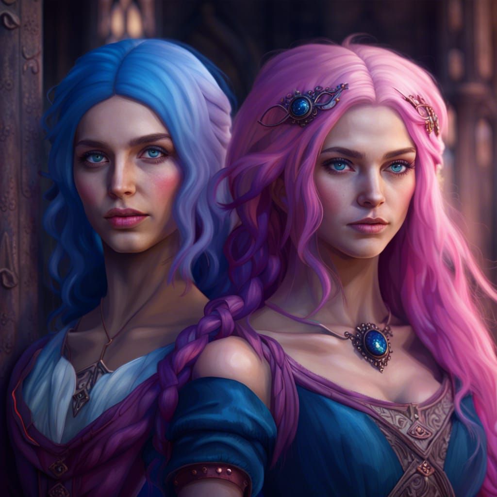 Medieval Women with Blue and Pink Hair