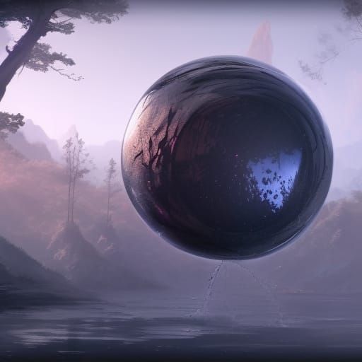 Floating Obsidian Sphere in Mysterious Landscape