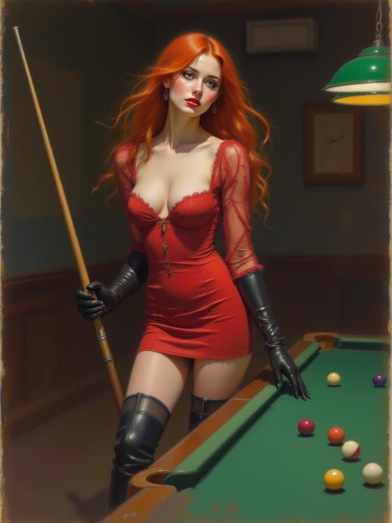 Woman in Red Dress Holds Pool Cue in Dim Hall