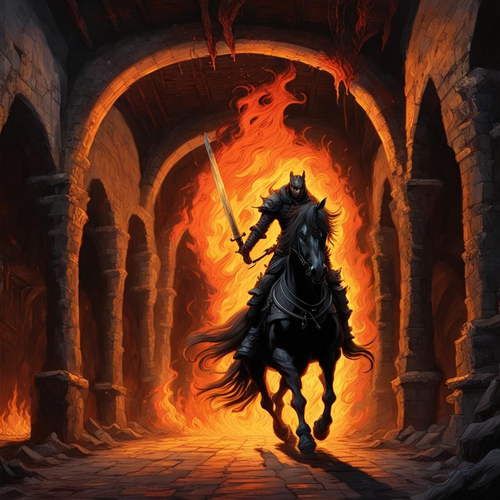 Headless Horseman Rides Flaming Horse: Dark Fantasy Art