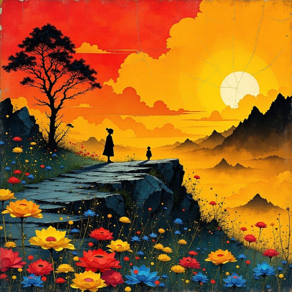Vibrant Sunset Landscape with Silhouetted Figures