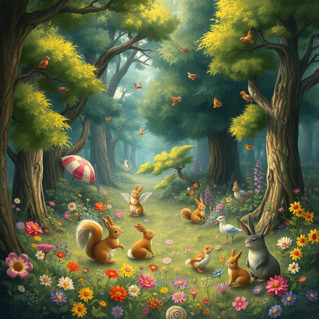 Whimsical Forest Scene with Animals in Dreamy Style