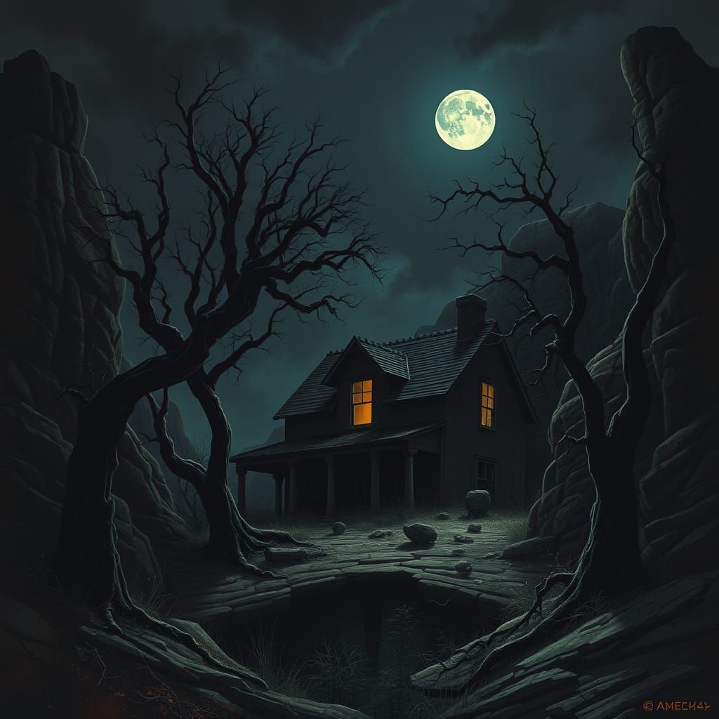 Abandoned House in Great Canyon: Dark Fantasy Art