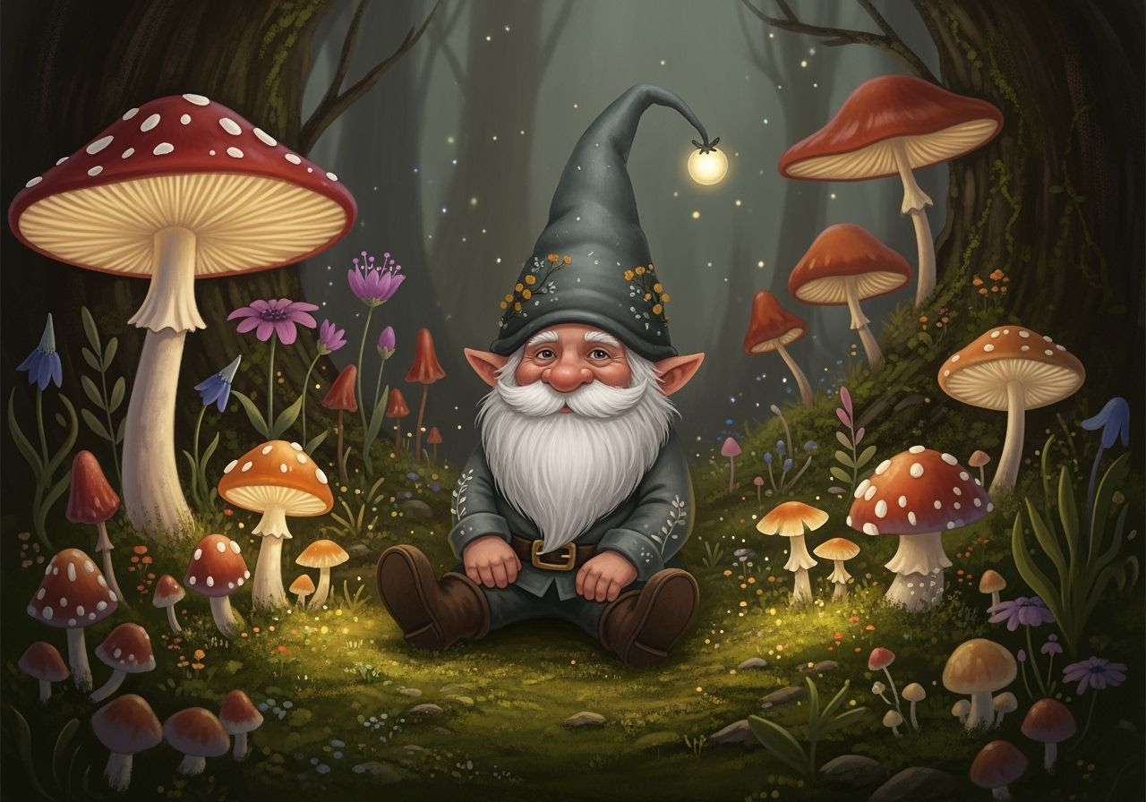 Whimsical Nordic Gnome in Enchanted Mushroom Forest