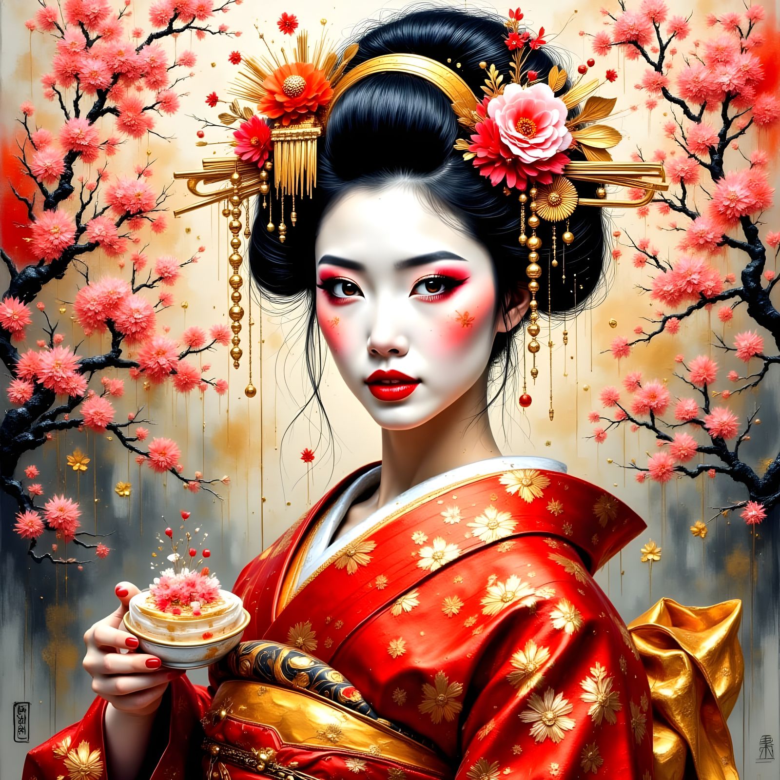 Geisha Portrait in Neo-Impressionist Impasto Style