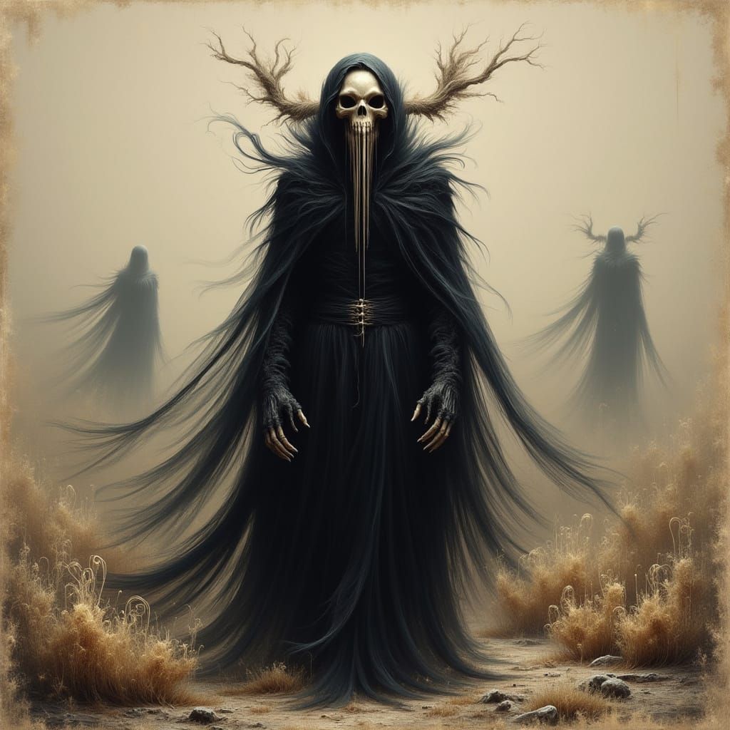 Death in Desolate Landscape as Eerie Etching