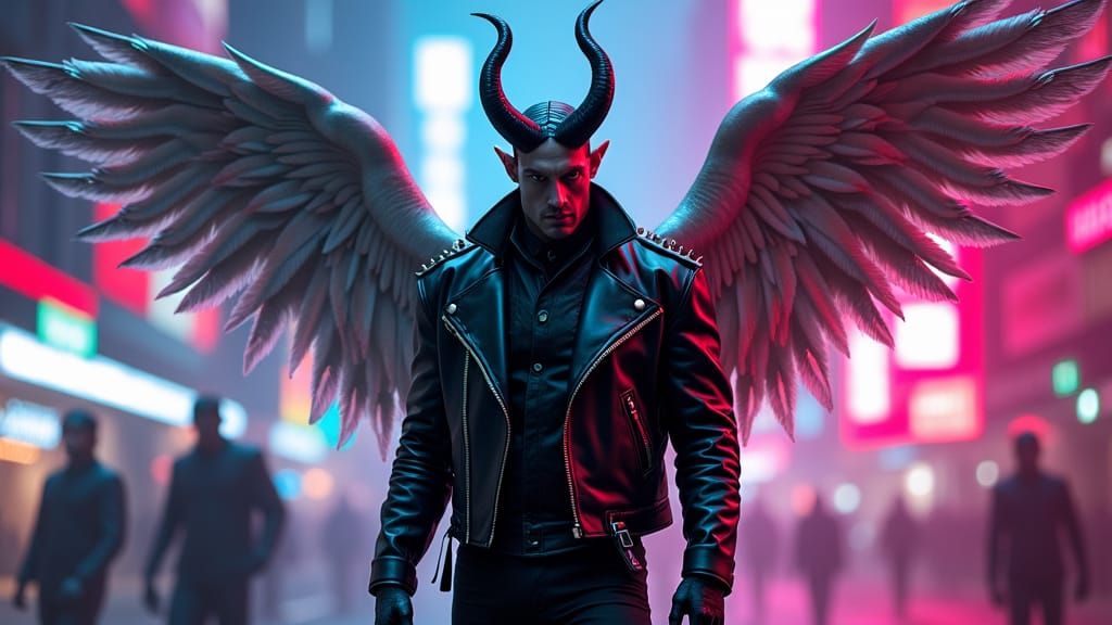 Lucifer with Silver Wings in Synthwave Cityscape