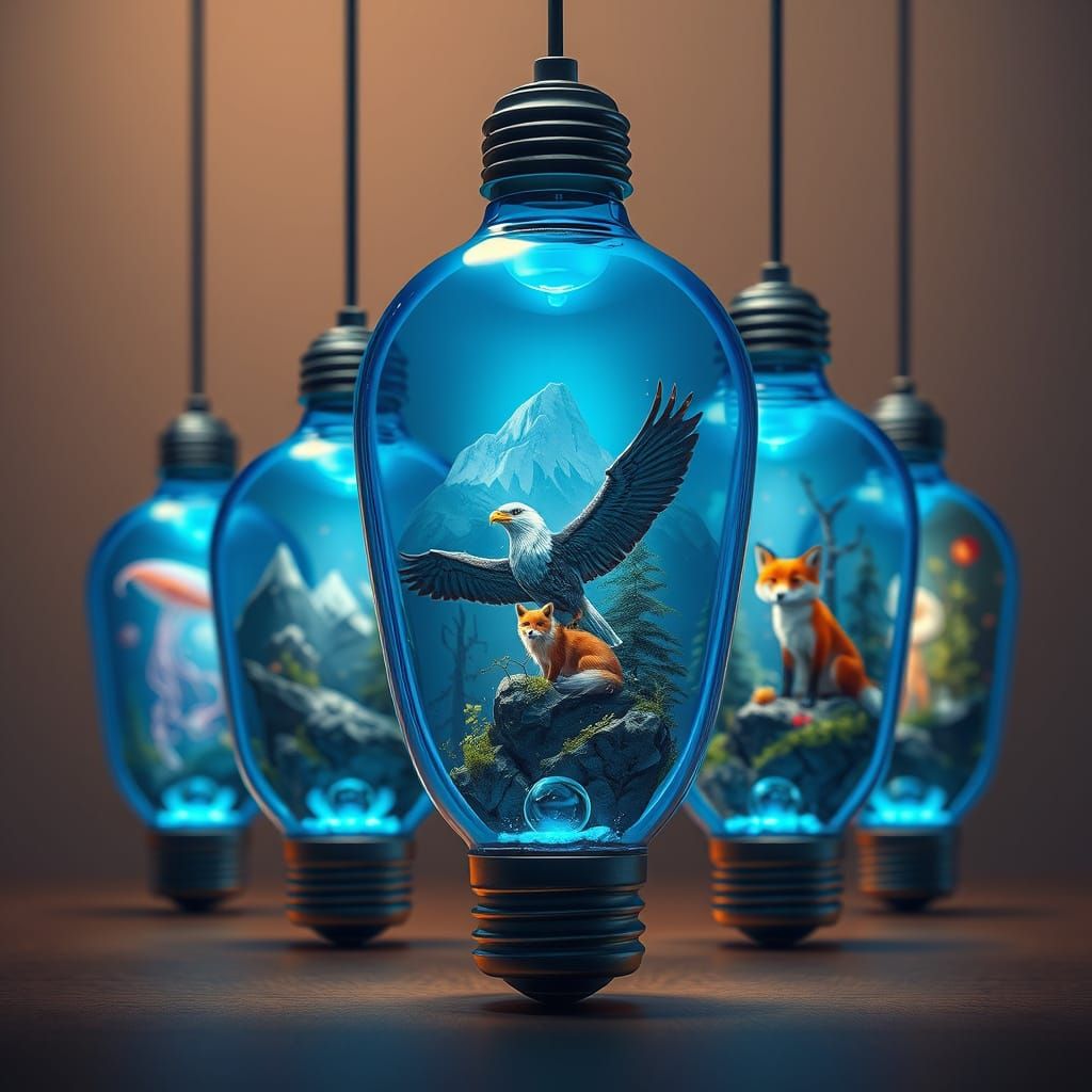 Fantastical Creatures in Vibrant Blue Glass Light Bulbs