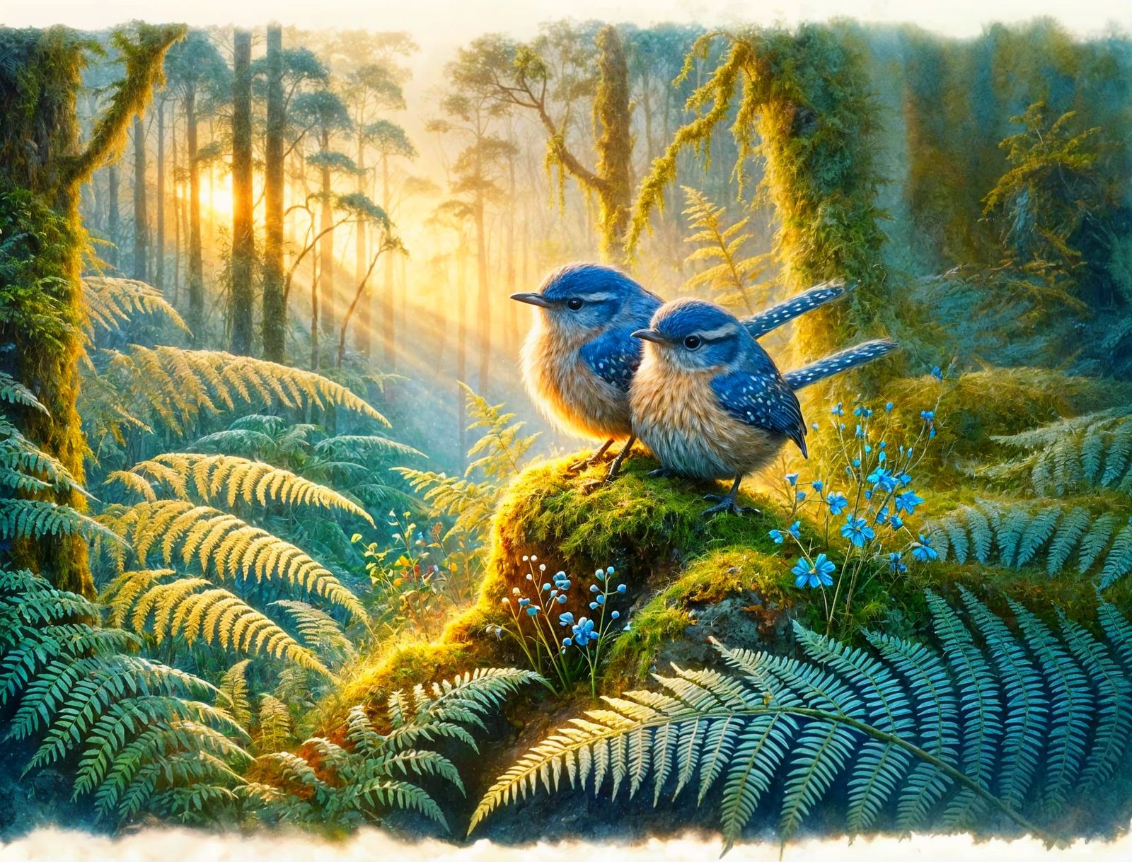 Blue Wrens in Dawn Rainforest Watercolour Oil Painting