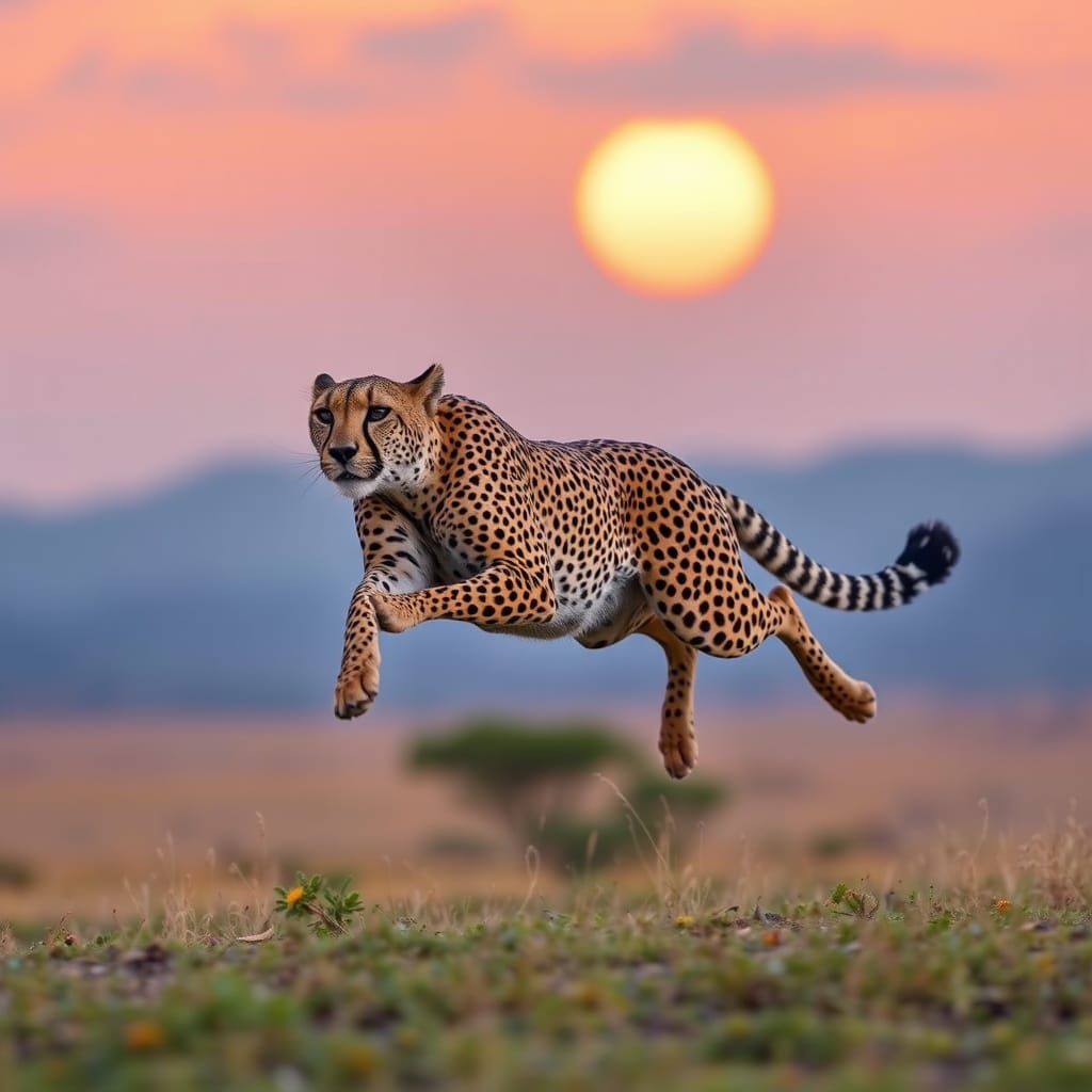 Sprinting Cheetah Across African Plain at Dusk in Hyper Real...
