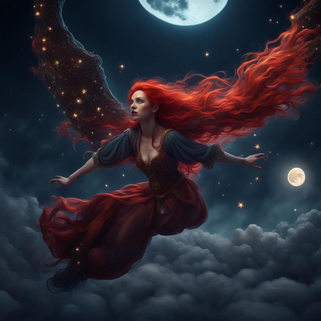 Red-Haired Woman Flying Through Starry Night Sky