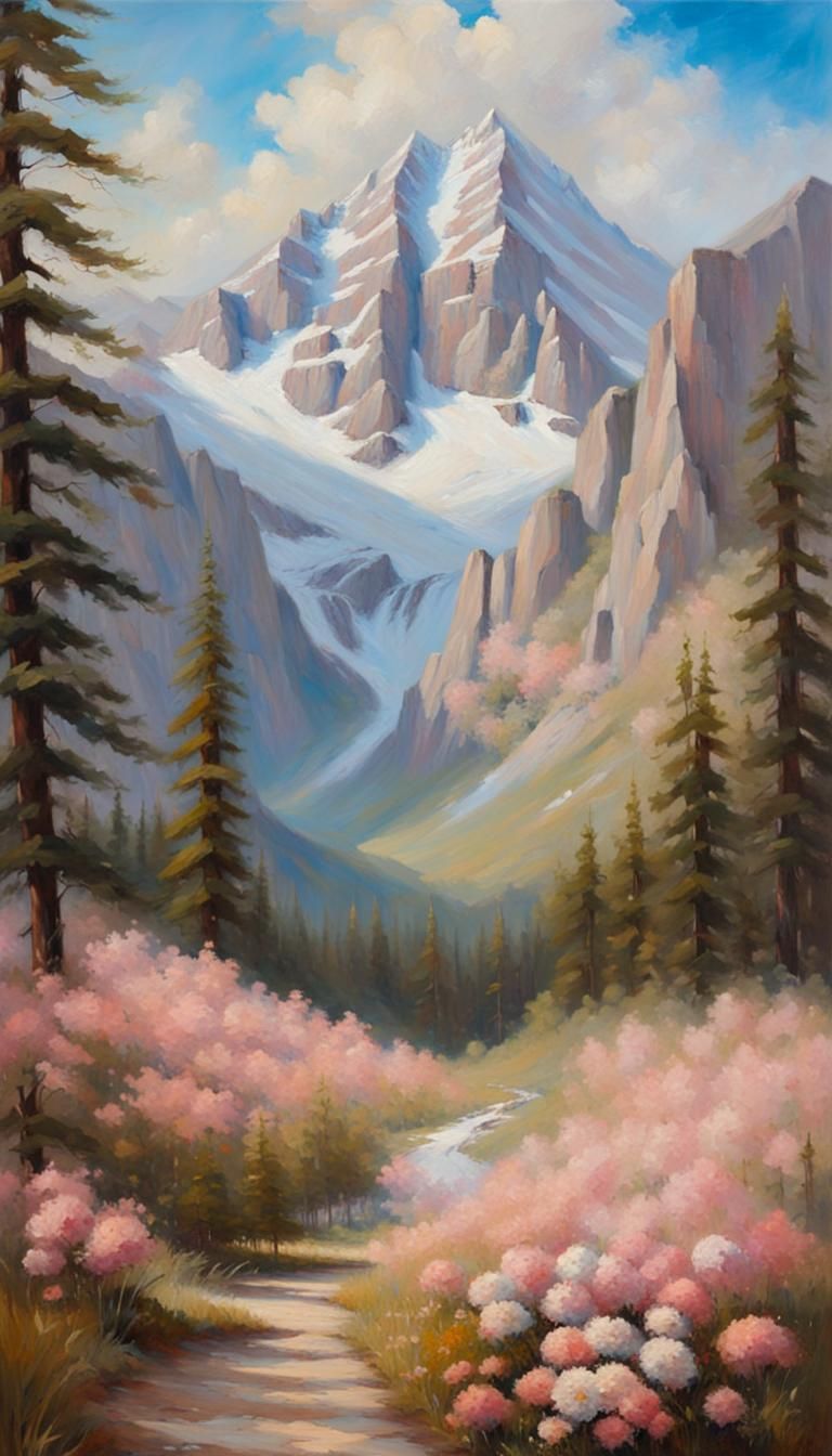 Majestic Mountain with Flowers as Impasto Oil Painting