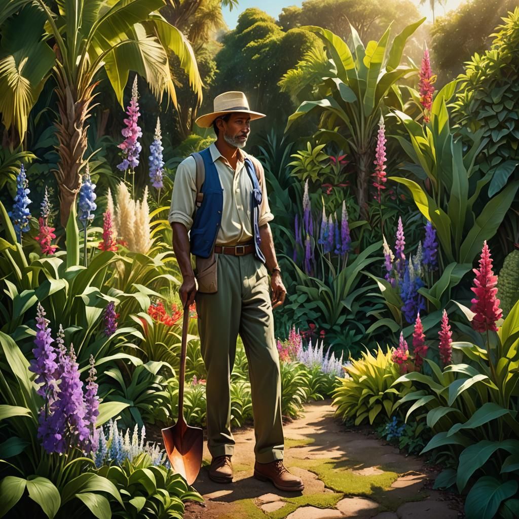 Gardener in Lush Fantasy Garden Concept Art