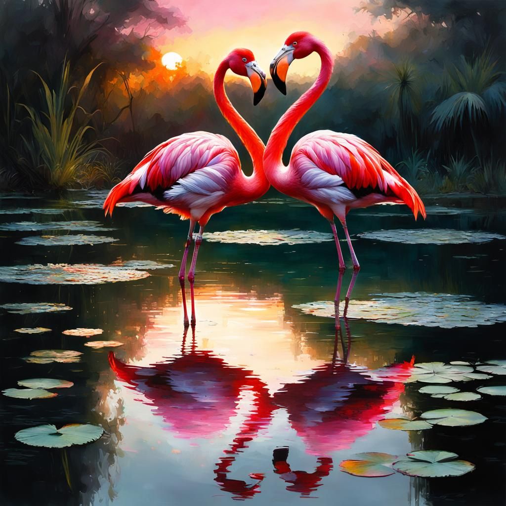 Flamingo Heart Silhouette at Sunset: Matte Painting