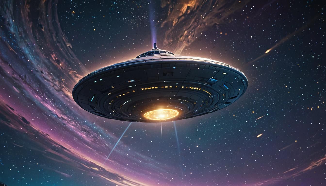 UFO Flying in Starry Night Sky: Cinematic Film Still