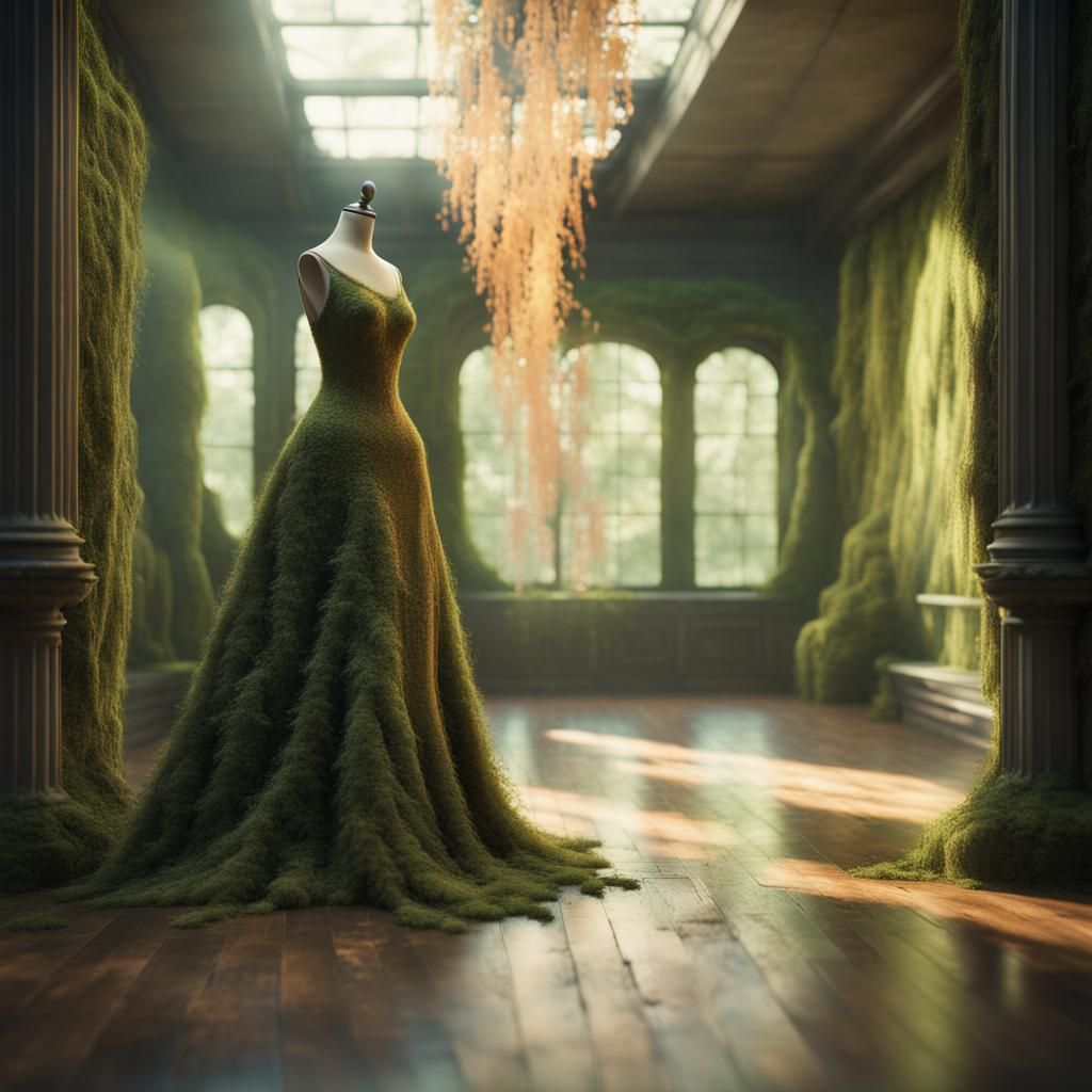 Mannequin in 60's Dress Against Moss Wall