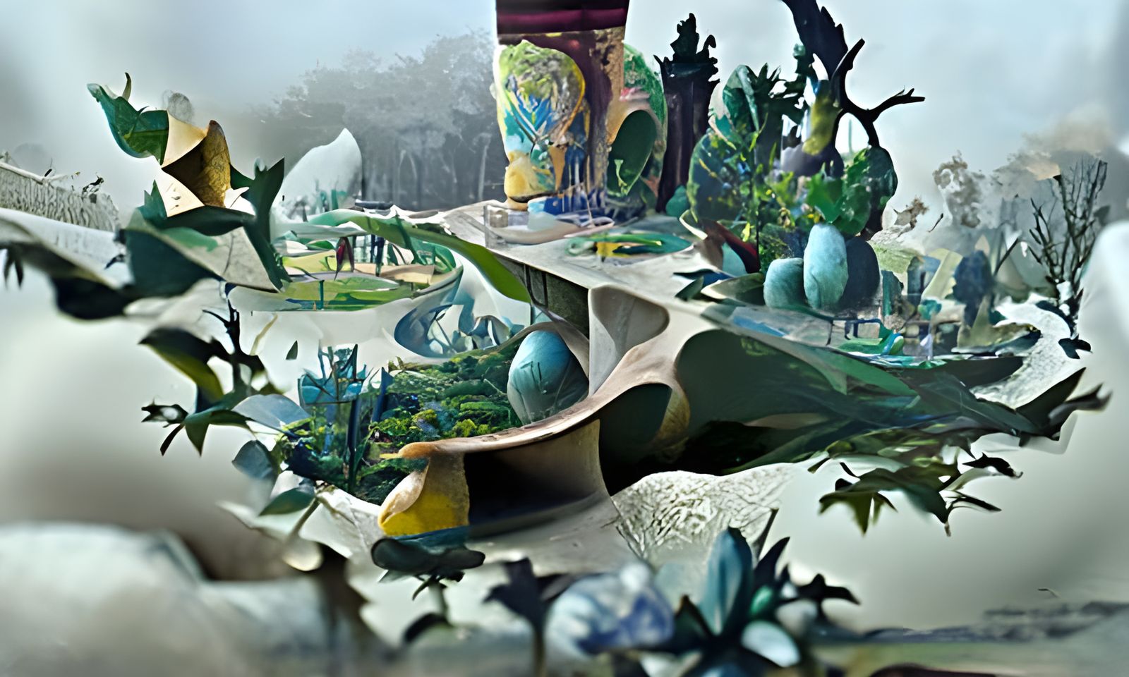 Surreal Alice in Wonderland Landscape with Aviary