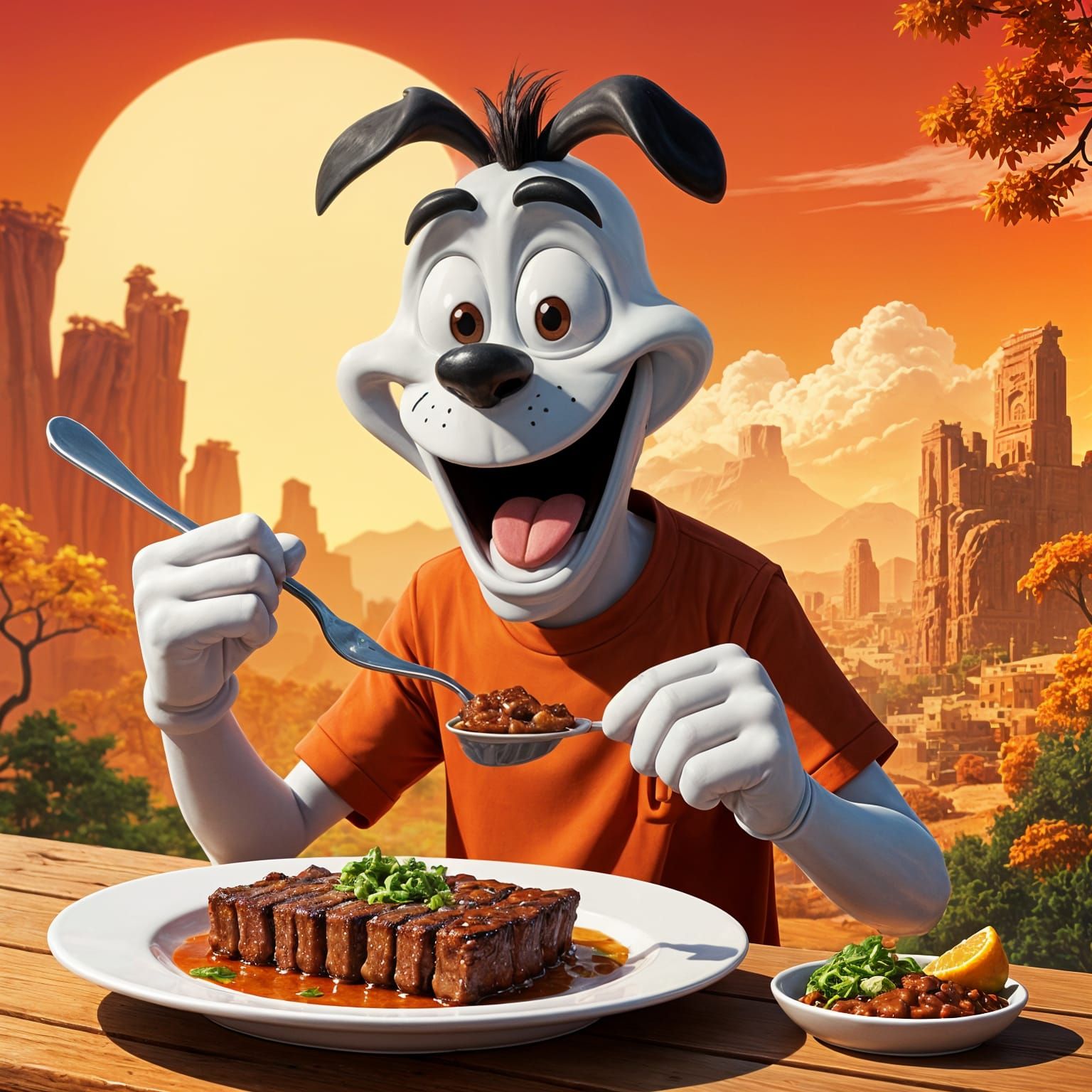 Cheerful Cartoon Character Devours Delicious Ribs in Vibrant...