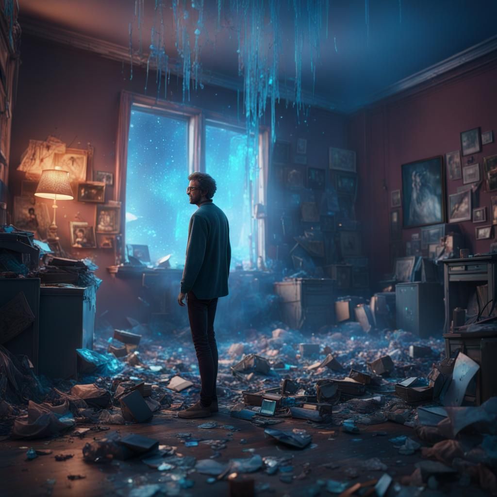 Man and Hologram in a Detailed Matte Painting