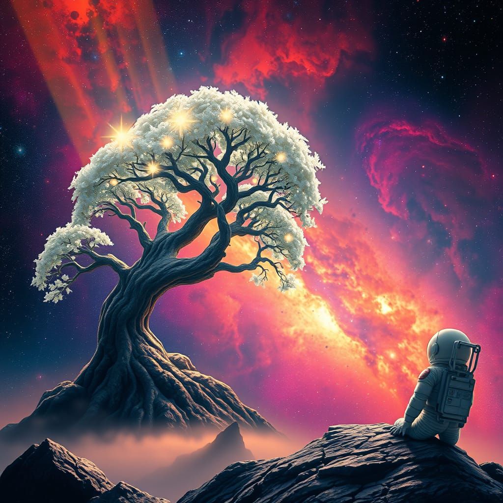 Dragon Gazing at Cosmic Tree, Dreamy Celestial Art