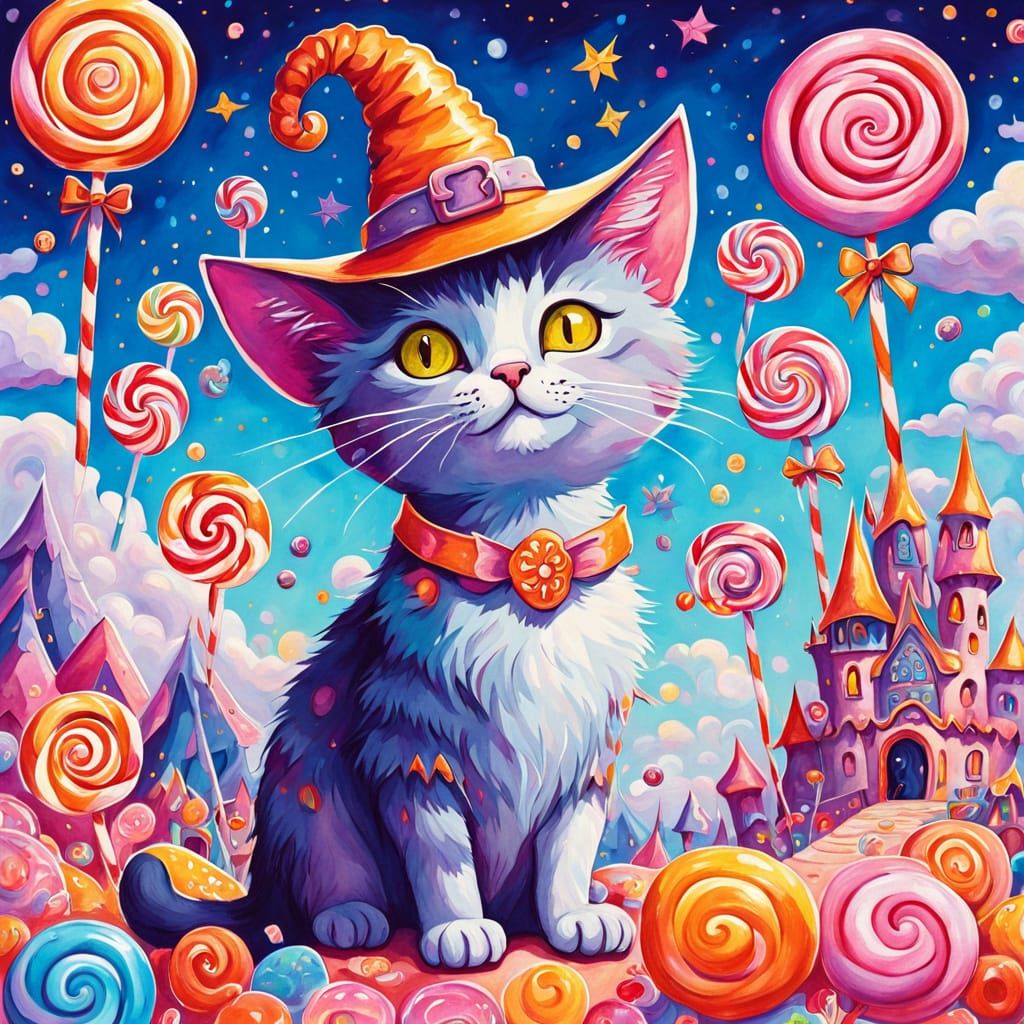 Whimsical Gouache Illustration of a Cat Witch in a Fantastic...