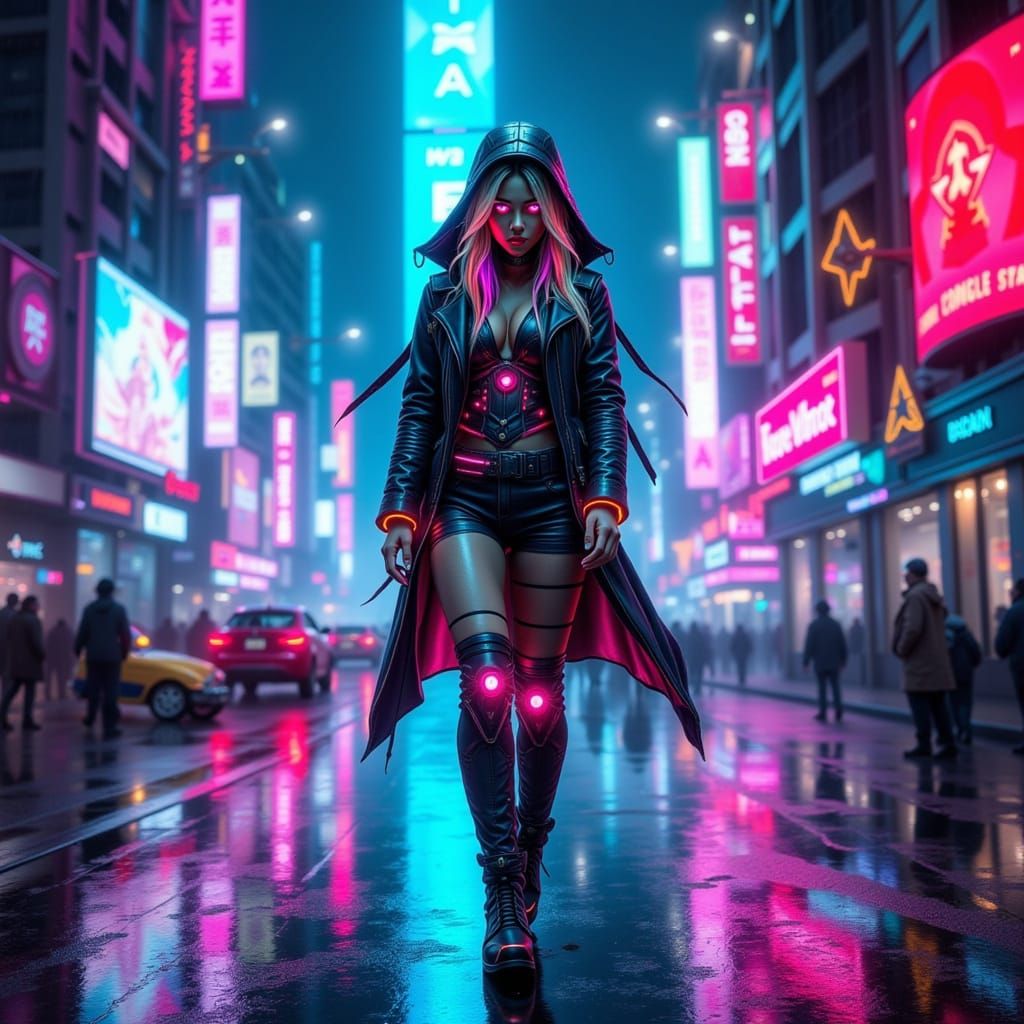 Cyberpunk Woman in Neon Cityscape