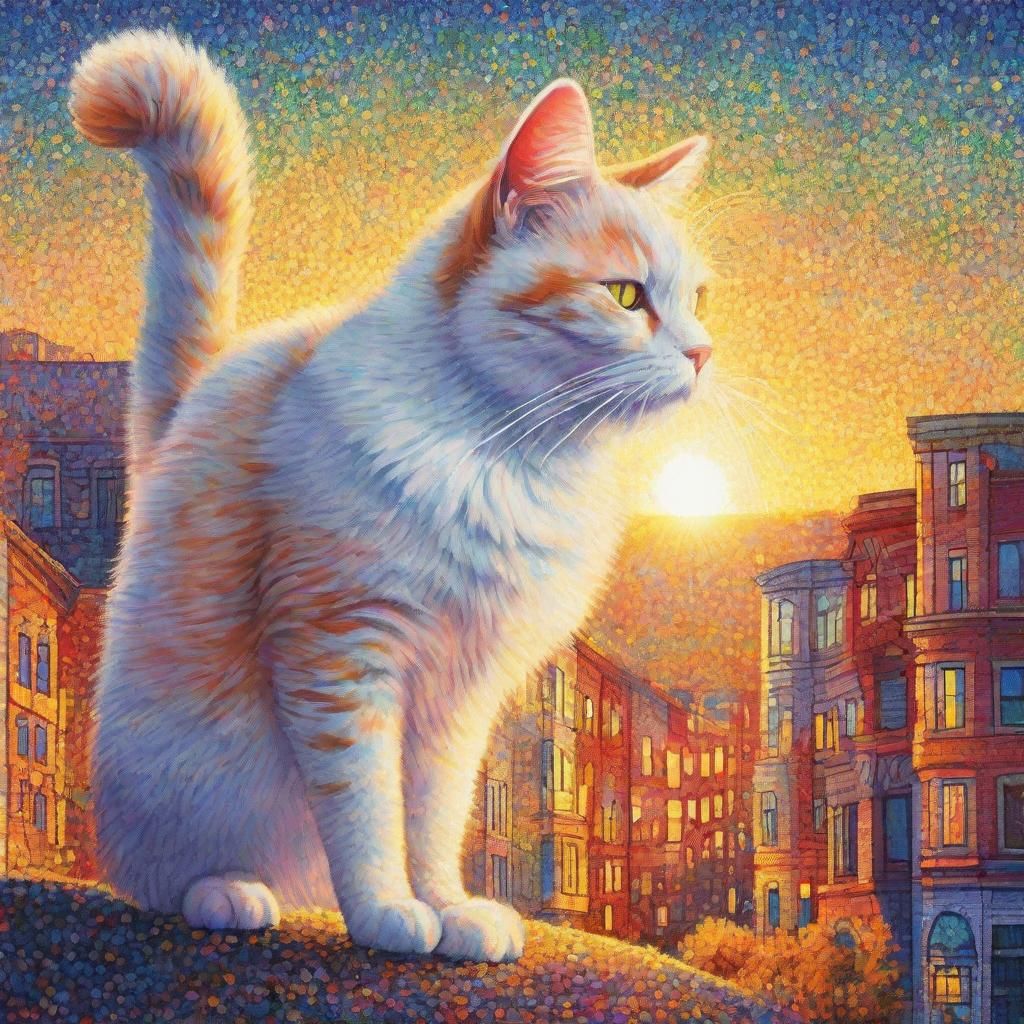 Pointillistic Cat Explores a Dreamlike World