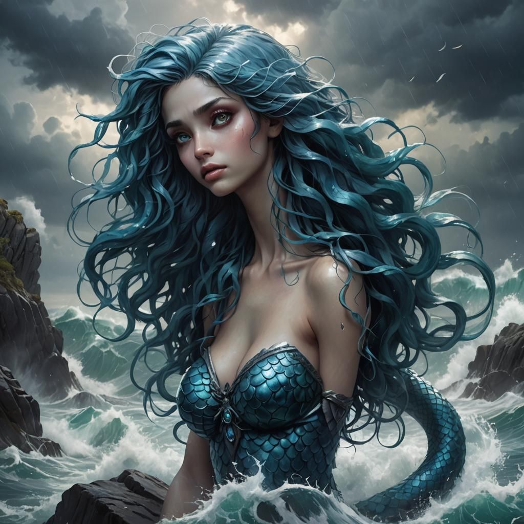 Mermaid in Stormy Sea: Dark Fantasy Concept Art